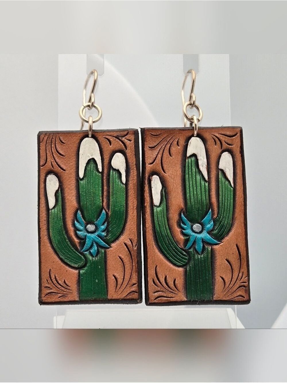 Cactus Leather Earrings Hand Painted Sterling Silver 2.25" Artisan Kathy Jean